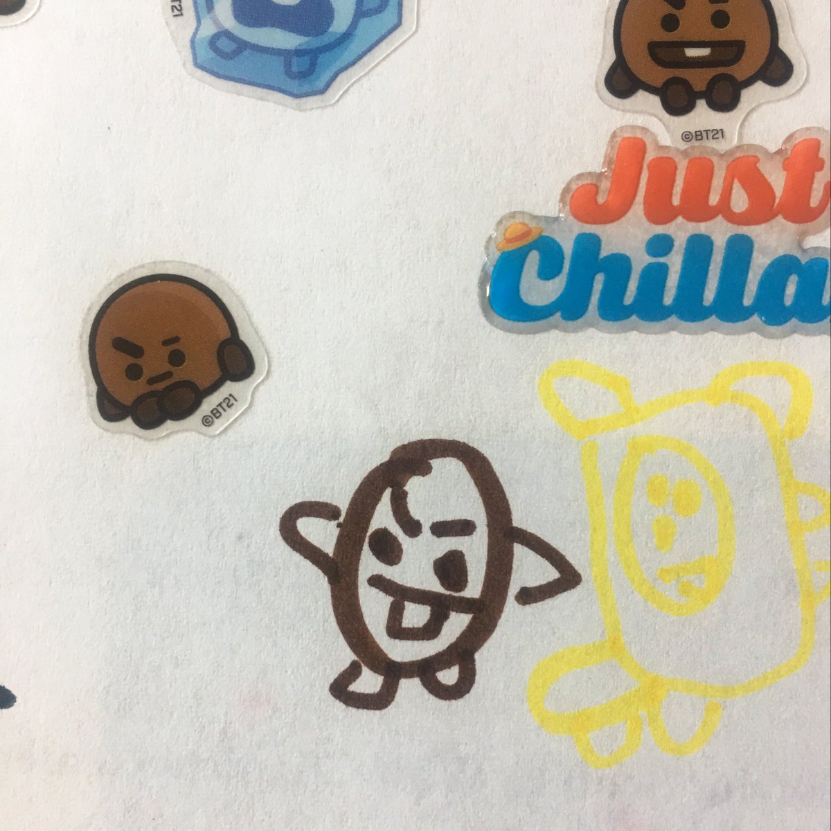 tigershooky's tweet image. My 4 year-old picked out some @BT21_ stickers and made this. Y’all- the little Shooky he drew. I can’t. He even did the eyebrow. 😭😭😭 #btsarmymom @BTS_twt
