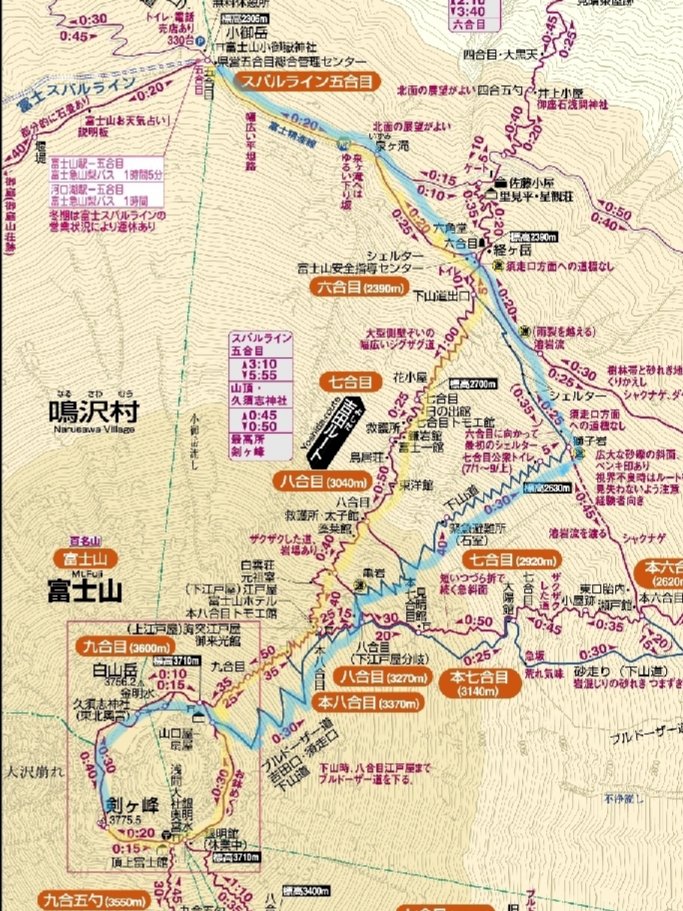 富士登山マップ。黄色が剣ヶ峰までの行きのルート、水色が帰りのルート。宿泊は標高3000mにある東洋館(日の出はここでみた)。感無量ですな。 