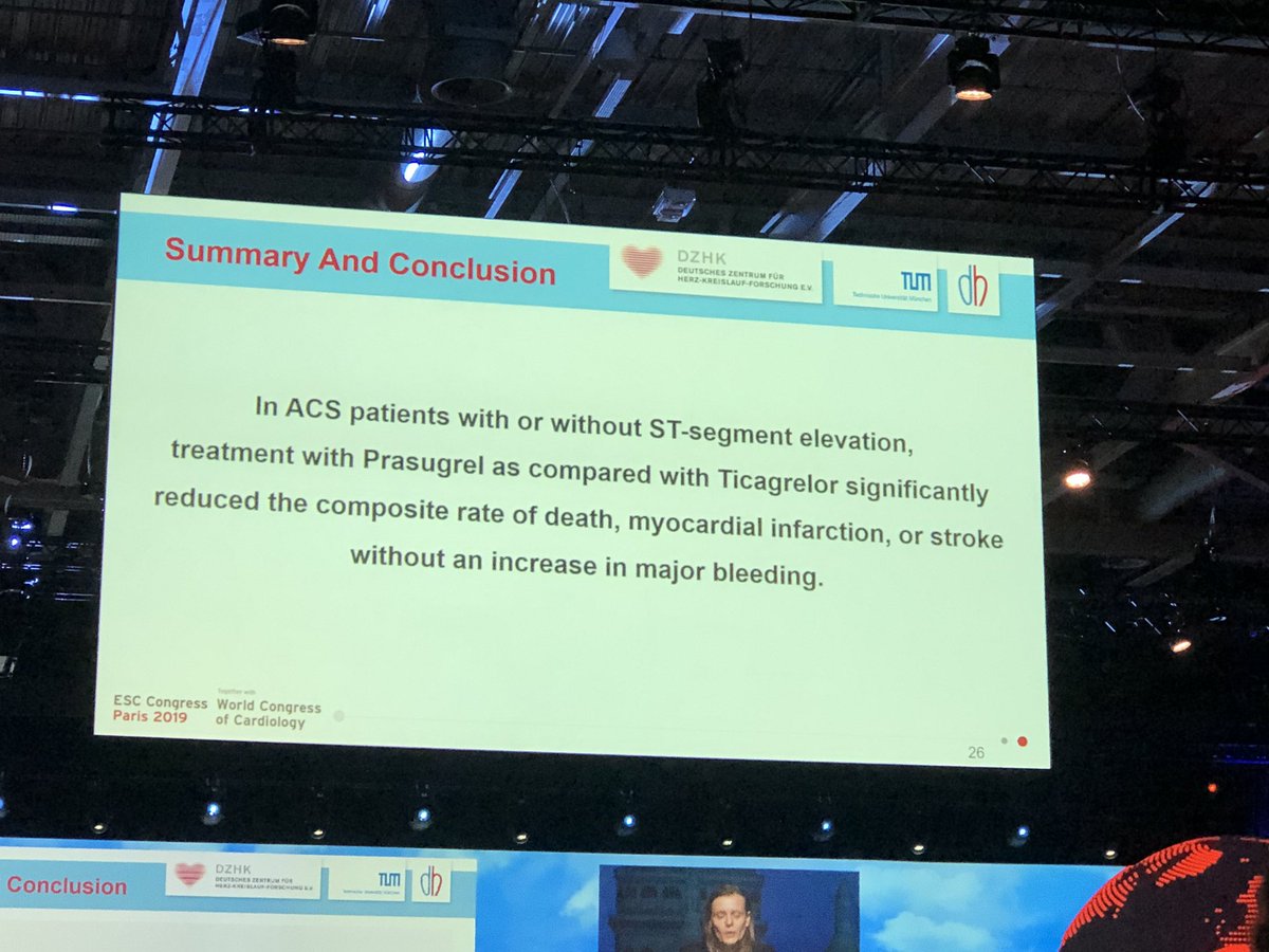 drdinaturner's tweet photo. Prasugrel to be given over ticagrelor in ACS? Very good to see the โso me trialโ we often do not do sufficient similar MOA drug to drug comparisons #isarreact #ESCCongress #paris https://t.co/cEazs7O4Nm