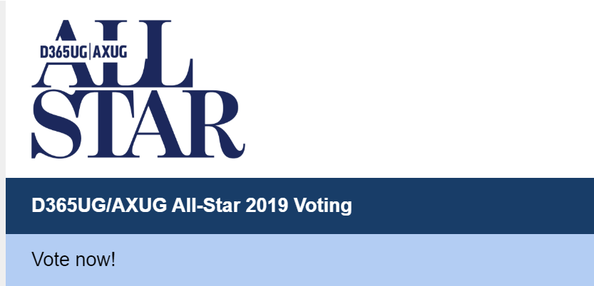 KellyLappG's tweet photo. It's that time of year... D365UG|AXUG All-Star Award voting time! 

Be sure to vote today and recognize some of the super volunteers who make this user group a success.

https://t.co/16suo2g2ZU #D365UG #AXUG #AllStar https://t.co/uHDaJfdiGn