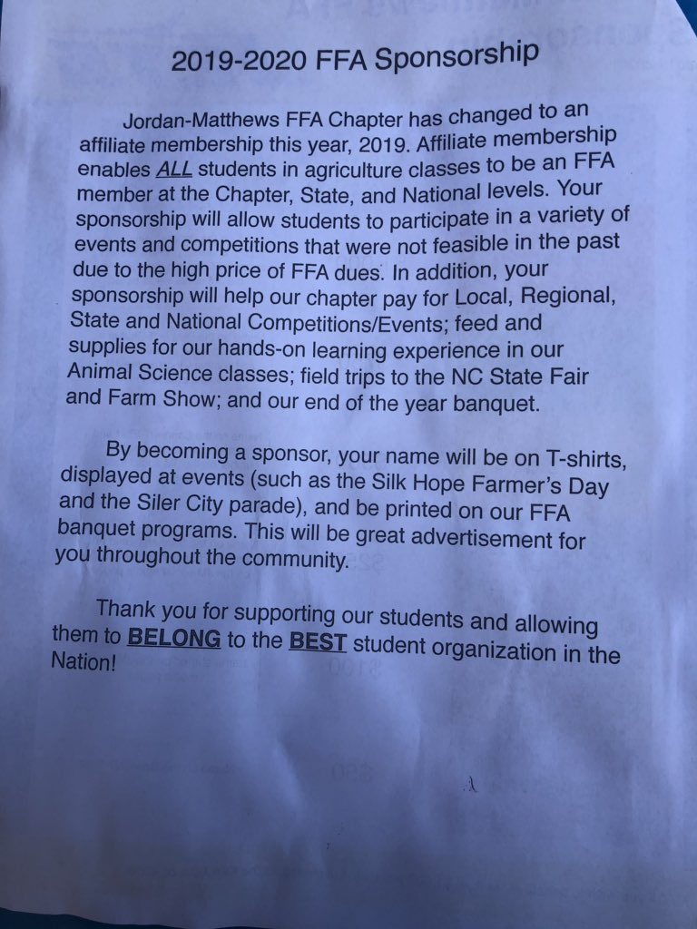 JM_FFA's tweet photo. If anyone would like to sponsor Jordan-Matthews FFA please see a chapter member or our chapter advisor. DM if you need our contact information. https://t.co/hkeVl6xCjo