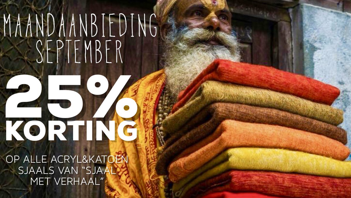 De hele maand september krijg je 25% #korting op alle sjaals gemaakt van acryl en katoen van “Sjaal met Verhaal”. Ze zijn er in alle kleuren van de regenboog. 
#Wereldwinkel #Groningen  #fairtrade #fairmade #handmade #India #Nepal #sjaal #mode #herfst