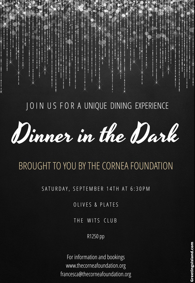 Limited seats remaining. Book now for this unique dining experience, thecorneafoundation.org
#corneafoundation #gourmetfood #experience #joburg #dinnerinthedark  #dinnerideas #whatsoninjoburg #jozi #unique #weekend