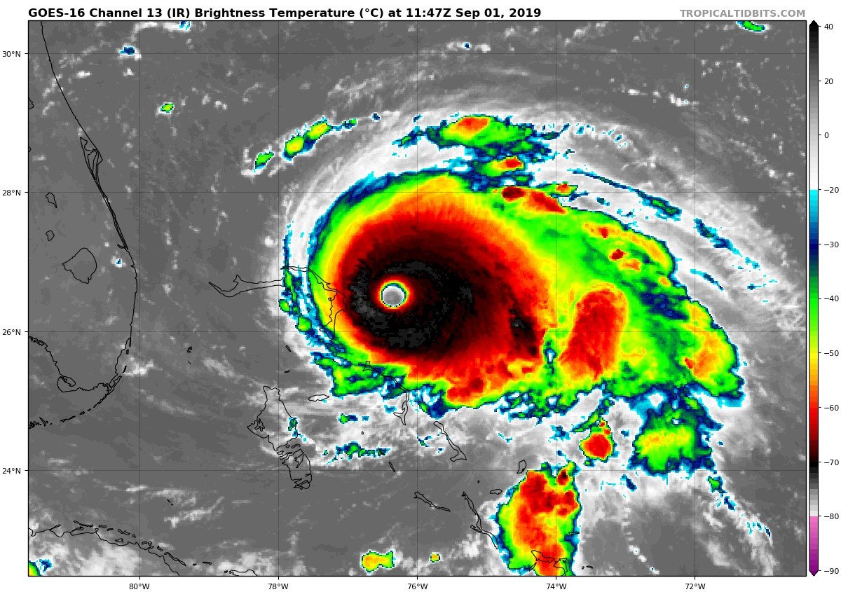 TropicalTidbits's tweet photo. Unfortunately, #Dorian has intensified substantially overnight as it approaches the Abaco Islands (pop: 17,000). Estimated pressure from first recon pass is 925mb, and max winds may be at least 160 mph now.  The storm does not appear to be able to avoid the island at this point. https://t.co/8ih0BVF9y2