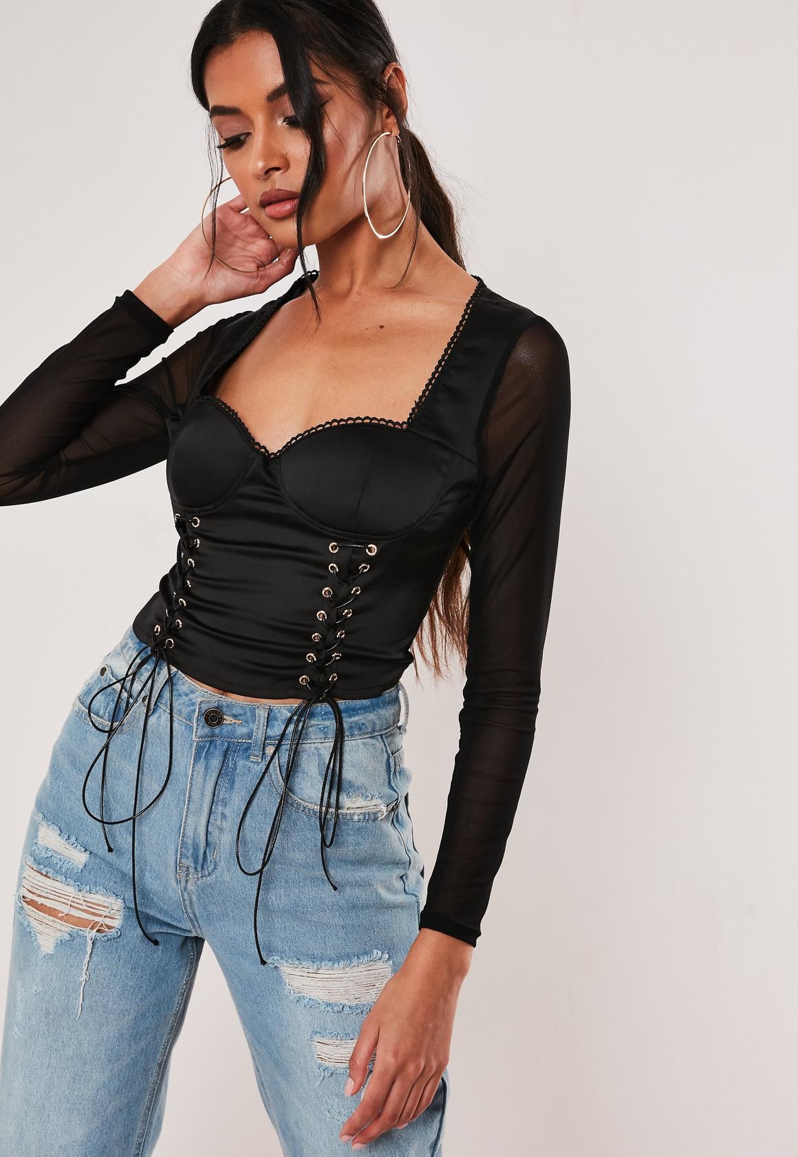 Missguided on X: Jeans & a nice top just levelled up with the 'black lace  up corset style long sleeve top' 🖤⚡ Shop it on site for £25   💎 #missguided  /