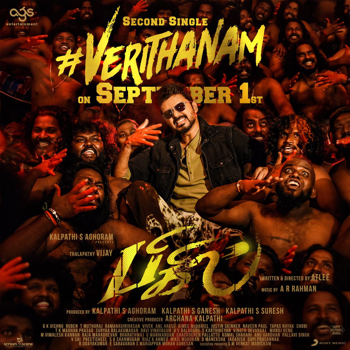 Thalapathysm's tweet photo. Kalpathi S Aghoram proudly presents Our Thalapathy singing for the first time in a @arrahman Sir Album for #Bigil #Verithanam will be live on @SonyMusicSouth at 6:00 pm  https://t.co/WZG3WLKupy #TimeToSetNewRecords @actorvijay @Atlee_dir @Lyricist_Vivek #ExpectTheUnexpected 😊❤️ https://t.co/PlOVuI6CF5
