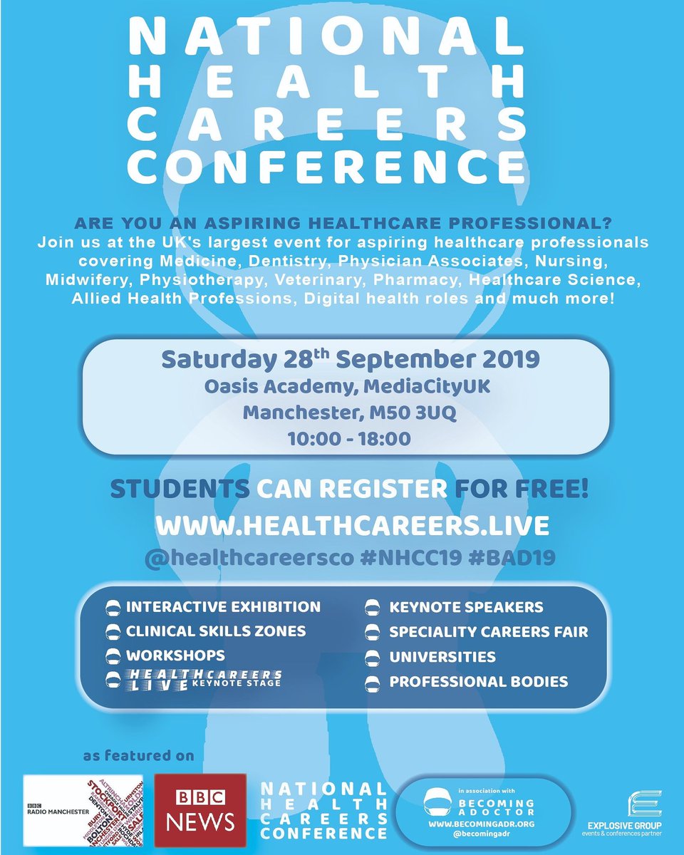 Aplying for medicine or dentistry? Preparing for upcoming interviews? Register for our free #interview masterclasses, #MMI Simulations and lots more at our national conference in Manchester on 28 Sep! See healthcareers.live #NHCC19 #BAD19 #WideningParticipation 👨🏼‍⚕️🏥👩🏾‍⚕️✍💉💊