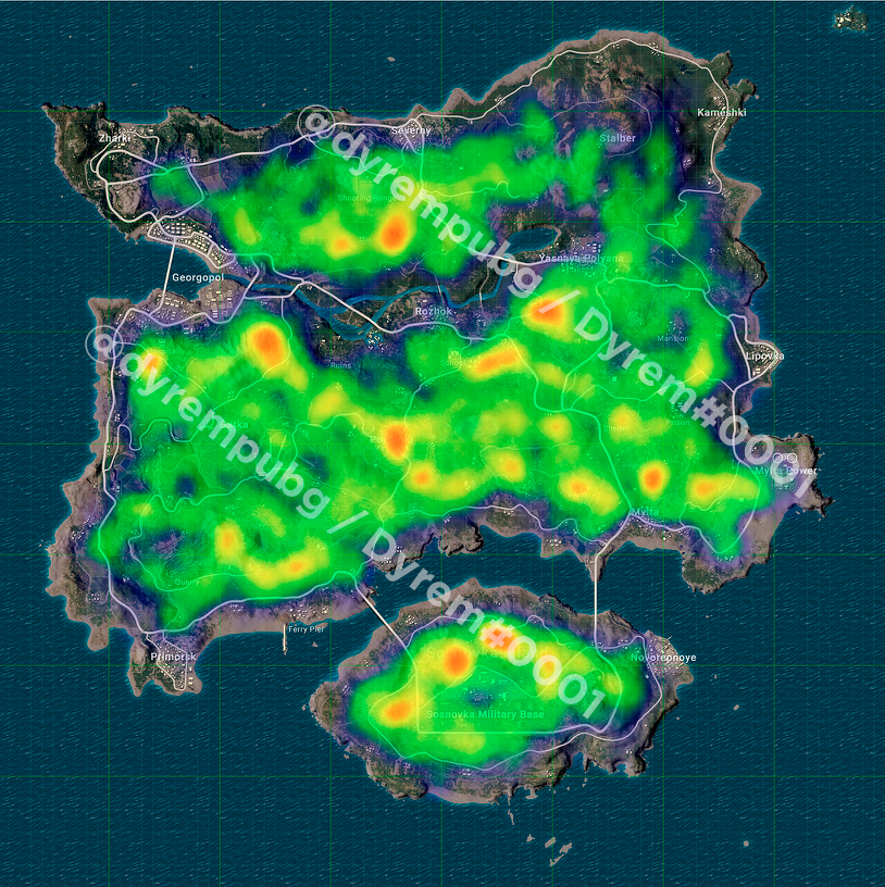 bbdyrem's tweet photo. Time to share some of my works as analyst in PUBG.

Heatmaps are based on ~4k Erangel and ~3.6k Miramar competitive matches with Super Settings.

As you see here many Miramar mountains are counted as water what makes some circles pretty predictable.

:) https://t.co/4ky6FhLqCQ