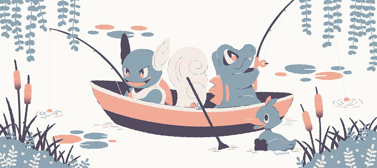 pokemon (creature) no humans water lily pad holding sitting fishing rod  illustration images