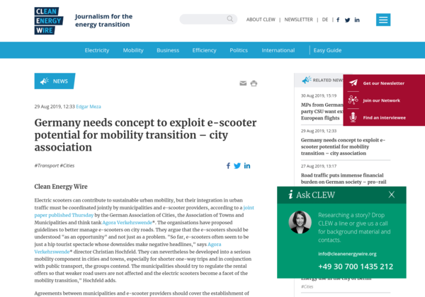 JavascriptJodi's tweet image. ☀️💨 Germany needs concept to exploit e-scooter potential for mobility transition – city association - Clean Energy Wire #darwinrecruitment #Germany tinyurl.com/yxusnpcf