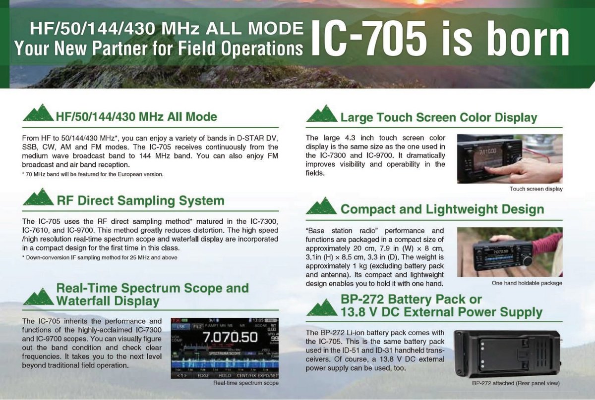 The preliminar brochure for the new #ic705 is already available at ICOM UK.
Shall we see an IC-705 prototype at #IberRadio2019 Hamfair?

#IcomSpain #hamradio 
icomuk.co.uk