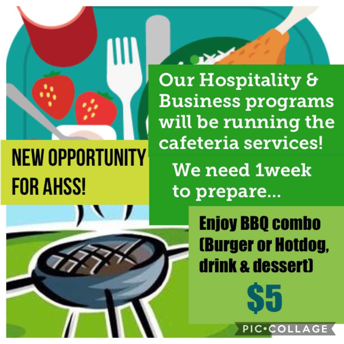 AlmaguinH's tweet photo. In 2019-20 AHSS Hospitality& Business programs will run Cafeteria Services!
While we begin our preparations - school teams&departments will offer BBQs for our first week of school. The $5 BBQ combo = burger or hotdog, a drink and dessert! #HungryHighlanders! https://t.co/4KVQm0Vlki