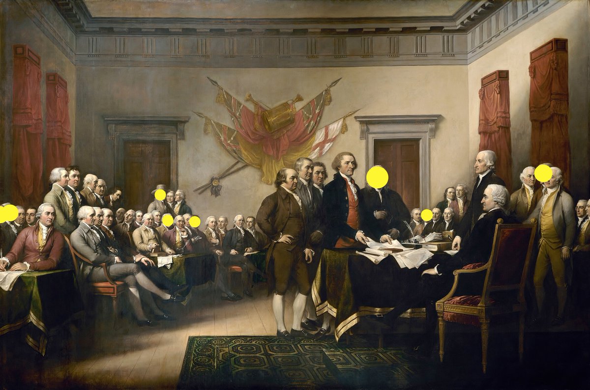 The founders with red dots are the slaveholders. The founders in yellow are the only ones who freed all the people they held.Thomas Jefferson, who wrote the Declaration of Independence, raped one of the women he enslaved.He freed his illegitimate children. But not their mom.