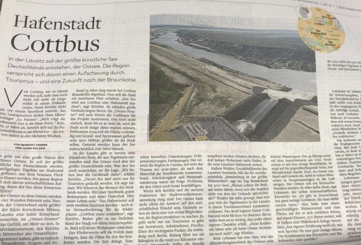 DianaKulozik's tweet photo. Heute ist #ltwbb19 #ltwsn19. Ein wichtiges Thema im Wahlkampf und vor allem für die Zukunft: Was kommt nach der Braunkohle? @BenediktHerber und ich waren in Cottbus und haben uns eine Idee angeschaut: den Ostsee. Heute zu lesen in der @welt oder im Klartext-Magazin der @DJSde https://t.co/SbVh6AnkdE