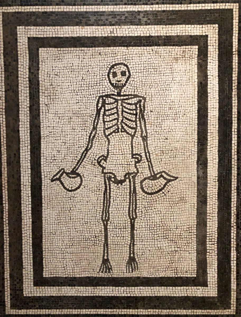 OptimoPrincipi's tweet photo. Roman mosaic showing a grinning skeleton holding a wine jug in each hand. Once decorating a dining room floor, its message was entirely appropriate to the Romans and no-doubt inspired lively discussion: "Carpe Diem" and enjoy the delights of the banquet while you can. 1st cent AD https://t.co/wqTCzENbmI