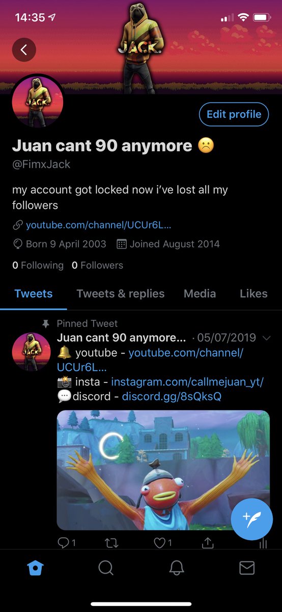 CallMeJuann's tweet photo. go follow my account it’s back but no followers @FimxJack https://t.co/8fF6yDbT37