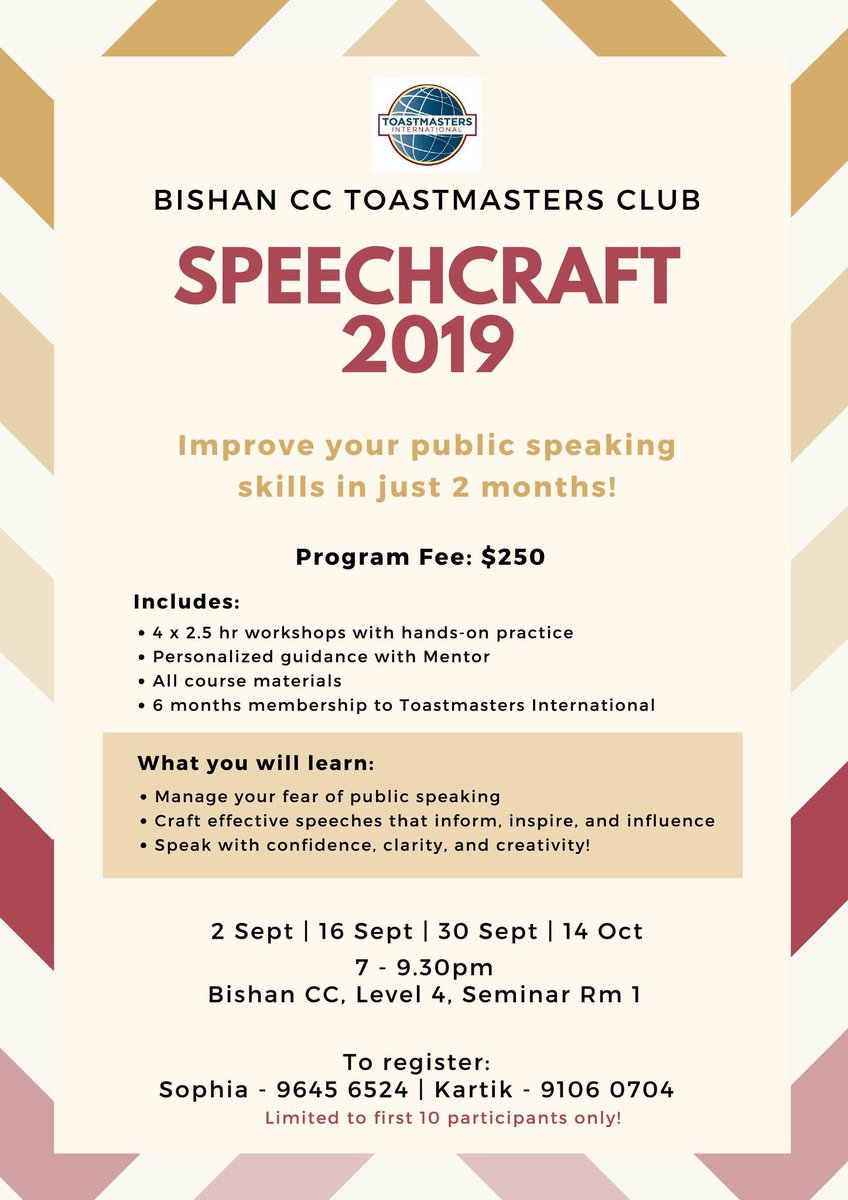 Bishan CC TM Club is hosting a Speechcraft workshop starting tomorrow. We are looking forward to another evening of learning, sharing &amp; fun #toastmasters #BishanCCTMClub #Speechcraft2019