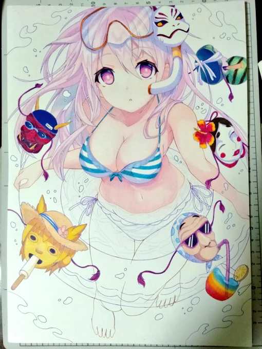 こころさんの今日の進歩です。あまり進められませんでしたが、水着とお面ズがとりあえず塗り終わりました。明日から浮き輪の塗りに入ります。 