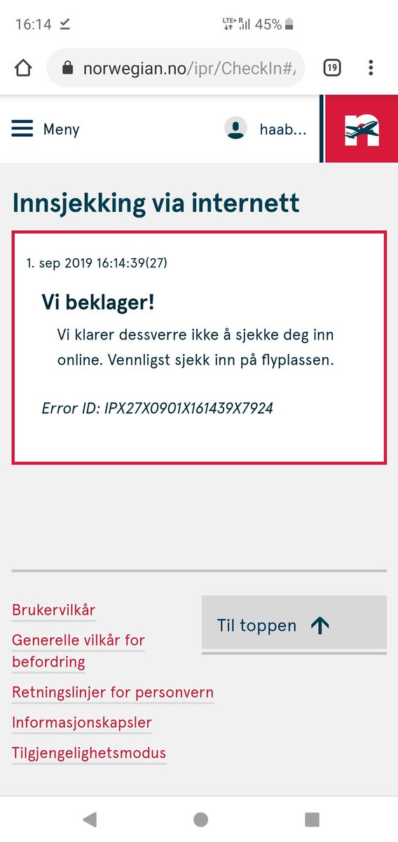 Brokehan's tweet photo. @FlyNorwegianNO har dårlig tid og får ikke sjekket inn på nett eller appen deres. Hadde samme problem på fredag.. Hva kan grunnen til dette være? https://t.co/4GTZIWyZcf