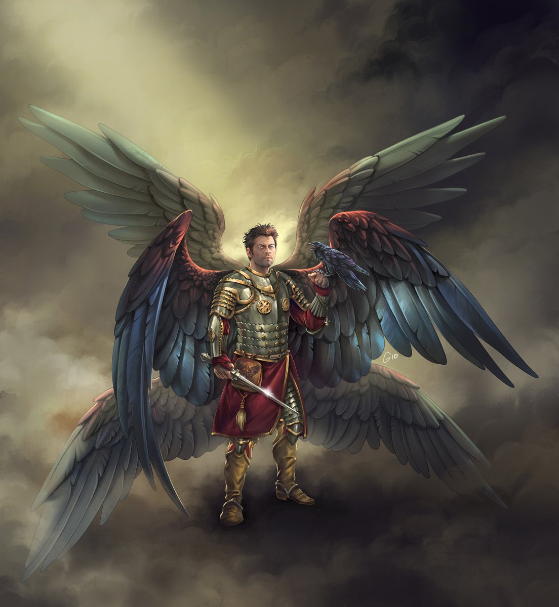 Art created for 1 of my bidders on @FicFacers! Her request was Castiel as a  Winged Hussar (with his own wings, of course) If you don´t know what is  that, google it, image size:1104x1200