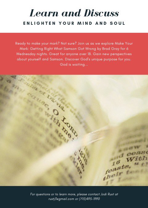 SpiritLutheran's tweet image. Ready to make your mark? Not sure? Join us as we explore 'Make Your Mark: Getting Right What Samson Got Wrong' bible study on Wednesday’s. Gain new perspectives about yourself and others. Discover God's unique purpose for YOU!
#makeyourmark #fallbiblestudy #spiritlutheranec #elca