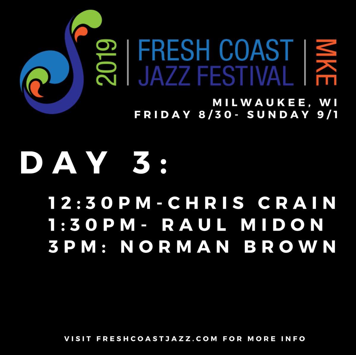FreshCoastJazz's tweet photo. It's SUNDAY ☀️ and we're still groovin' at #FreshCoastJazz2019! Today's lineup is Chris Crain at 12:30pm, Raul Midon at 1:30pm and Norman Brown at 3‼️ The fun isn't over yet. See you soon! 😎 https://t.co/4p1fKsBH6b