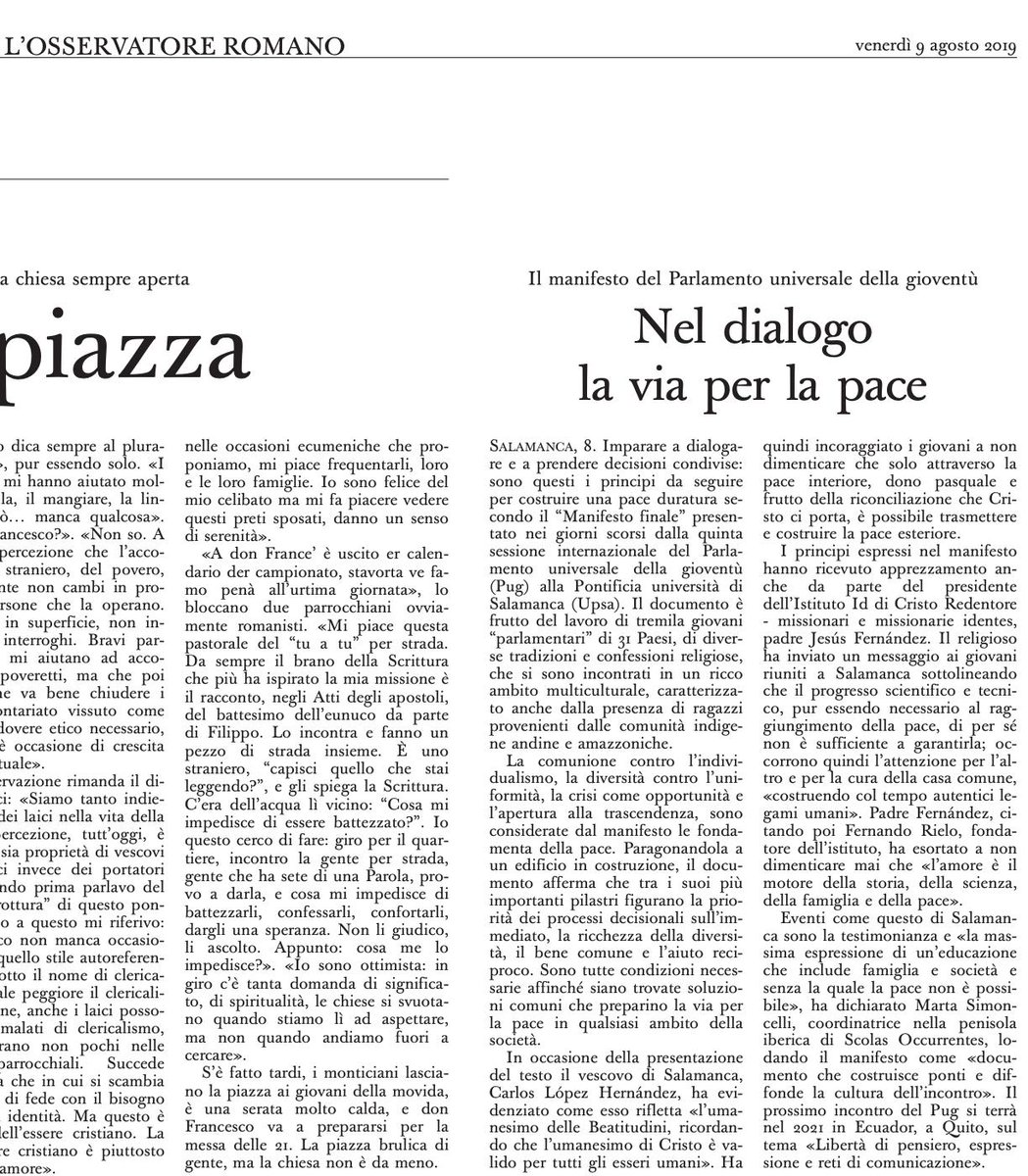 wyparliament1's tweet photo. Grazie a @oss_romano per informare sul #ManifestoWYP2019 #WYPSpain2019 promosso da @IdenteYouth con il supporto di @upsa e la collaborazione di @FundFRielo #peaceunderconstruction https://t.co/h1Pp7vBN5S