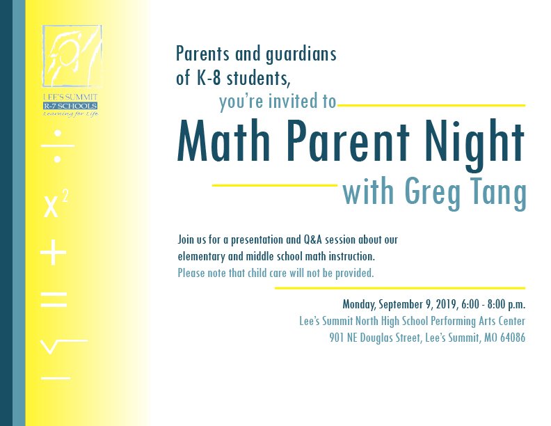 LSEPrincipal's tweet photo. Join us for Greg Tang Family Math Night. September 9 from 6-8 pm LSNHS. https://t.co/4DGAebRJHF