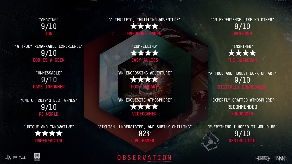 _ScreenBurn's tweet photo. Just a reminder that our sci-fi adventure #Observation is still a whopping 40% off for a limited time on both PC and PS4! 

Here is some of the lovely things people said about the game 🔥 https://t.co/iw6GnM8htu