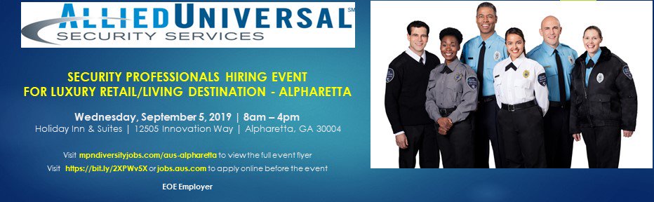 mpndiversityjob's tweet photo. Allied Universal Security Professionals Hiring Event - Alpharetta, GA
September 5, 2019 (8:00am - 4:00pm) https://t.co/FhIpXyjXXv
https://t.co/ze8I1CRnSM
#marketing #media #atljobs #hiringevent #jobs #careers
#hiring #HR #recruiting #employment #eeo #eeojobs #ofccp #ofc https://t.co/80rFowLktb