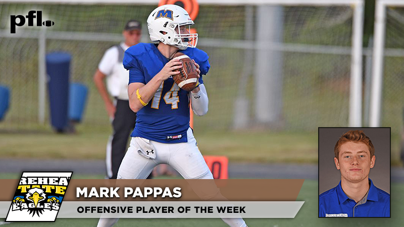 pioneerftbl's tweet photo. #PFL19 Offensive Player of the Week @MSUEaglesFB Mark Pappas who threw for 3️⃣ TDs and 286 yards and ran for 1️⃣ TD in less than 3 quarters against Union. #FCS https://t.co/gjlGCeS5ii