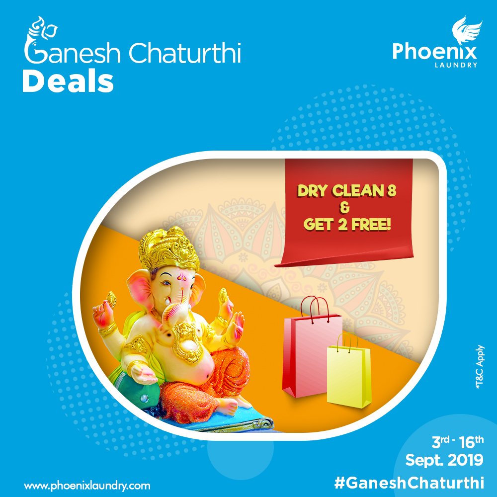 Phoenix4laundry's tweet photo. Happy #GaneshChaturthi!
Immerse yourself in the festivities & leave your #laundry worries to us!
Dry clean 8 & get 2 free. #Offer from 3-16 Sept. 2019
T&C Apply!
#GaneshChaturthiOffer
7045905311
#Phoenix4laundry #Ganesha #Ganpati #Ganesh #GaneshUtsav2019 #GaneshChaturthi2019 https://t.co/yOaHVFSffh