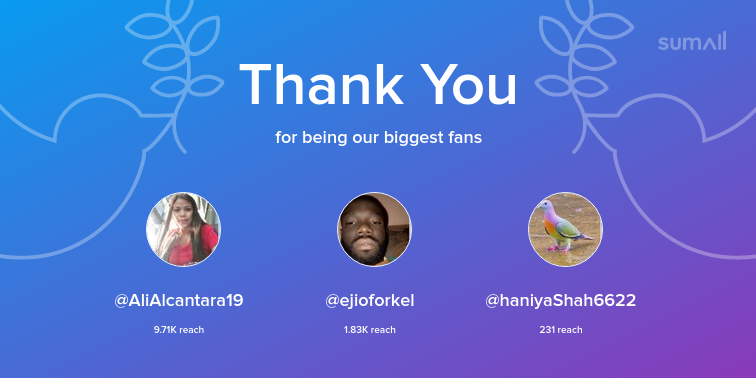 Our biggest fans this week: AliAlcantara19, ejioforkel, haniyaShah6622. Thank you! via sumall.com/thankyou?utm_s…