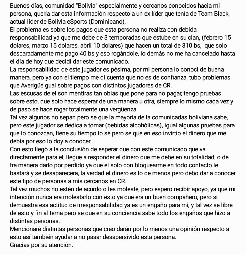 Buenas tardes a la comunidad de <a href="/ClashRoyaleES/">Clash Royale ES</a>
este es mi comunicado sobre @01_eldomi que esta con deudas conmigo, mas detalle en las fotos, espero el apoyo para este twett que se me hizo necesario hacer contra esta persona.

Fotos(Capturas) 
1drv.ms/w/s!AiJwuPJaKB…