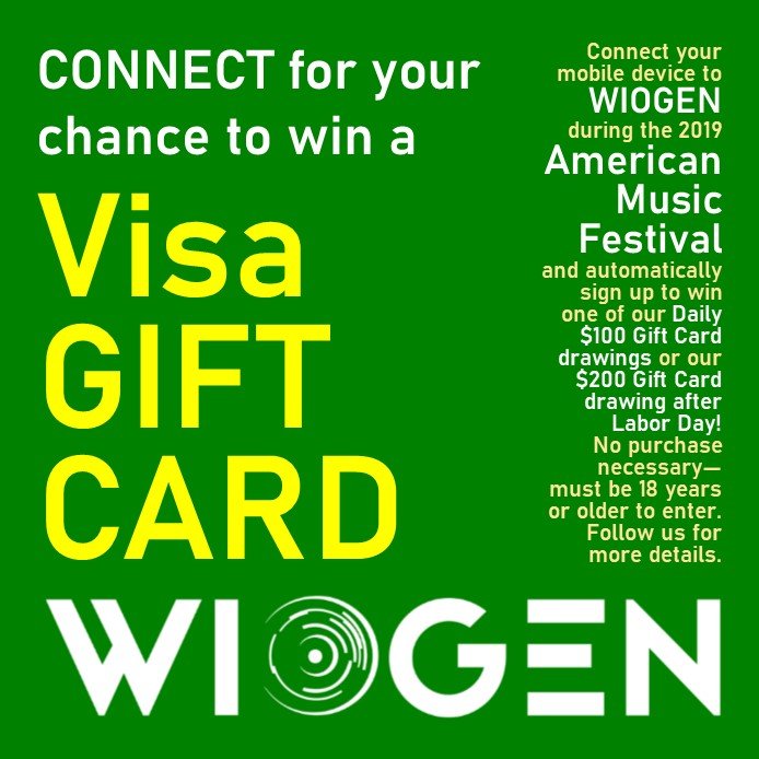 wiogen's tweet photo. Three more drawings to go... daily $100 Visa Gift Card drawings from Sunday and Monday and then the $200 grand prize drawing on Tuesday morning.  Connect to WIOGEN #freewifi near any of the four main stages of the Chartway American Music Festival for your chance to win! https://t.co/g2nBi18bh9
