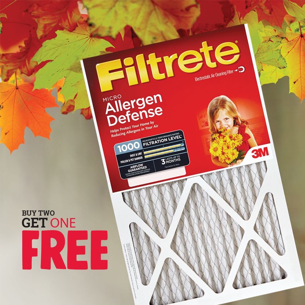Time to stock up! Buy two, get one free on assorted Filtrete Micro Allergen Defense Air Filter. Offer valid from August 28th through September 30th.