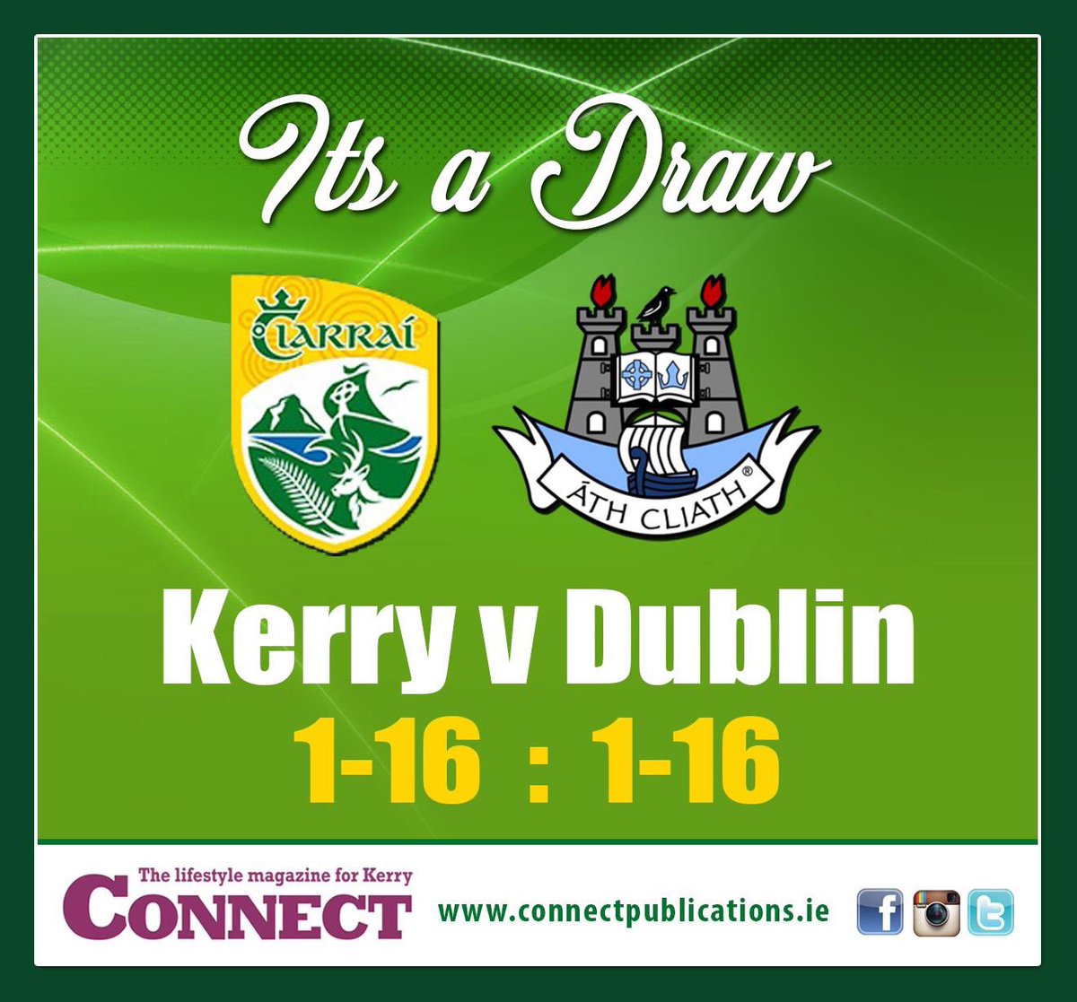 Its a draw ... The replay will be on Saturday September 14th.  #ConnectKerry #kerry #kerryvdublin