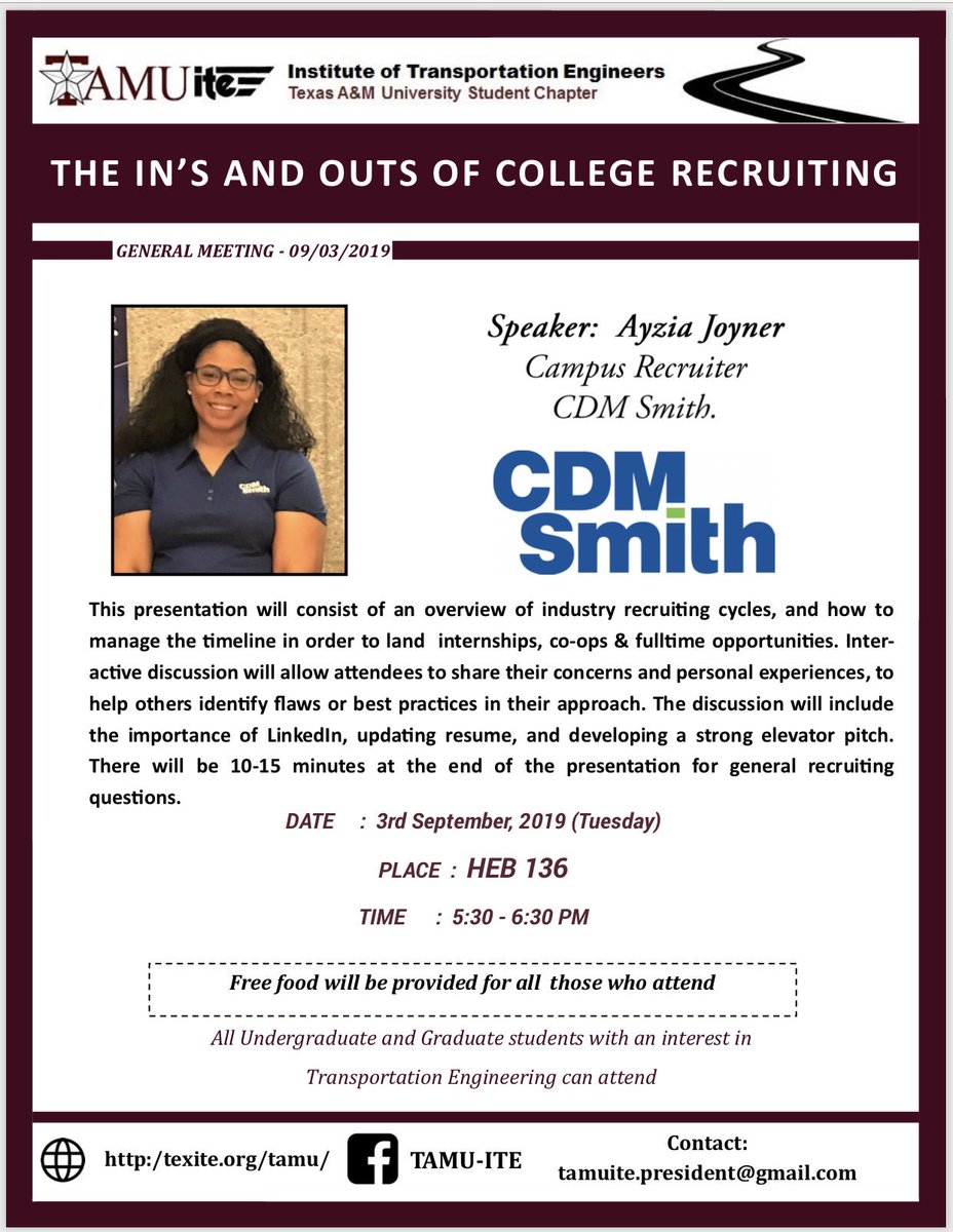 TAMUite (@itetamu) on Twitter photo Do you want to know what a college RECRUITER looking for at a Career Fair? Ayzia Joyner, a recruiter from CDM Smith, will come and talk about hiring insights from a recruiter’s perspective on September 3rd, from 5:30 to 6:30 pm in HEB 136. Free food! <a href="/TAMUCVEN/">TAMU Civil & Environmental Engineering</a> <a href="/TAMUEngineering/">TAMU Engineering</a> Do you want to know what a college RECRUITER looking for at a Career Fair? Ayzia Joyner, a recruiter from CDM Smith, will come and talk about hiring insights from a recruiter’s perspective on September 3rd, from 5:30 to 6:30 pm in HEB 136. Free food! <a href="/TAMUCVEN/">TAMU Civil & Environmental Engineering</a> <a href="/TAMUEngineering/">TAMU Engineering</a>