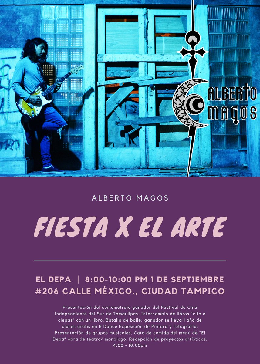 dheeraamagos's tweet photo. Hoy Fiesta x el Arte!!!
Domingo 1/Septiembre/2019
nos vemos en @eldepatampico a partir de las 8:00pm comienza la música !ENTRADA LIBRE!
#FiestaxelArte #Musica #Tampico #eldepa #RockAlternativo #latinalternativemusic #rockalternative #world #AlbertoMagos https://t.co/zZtCVf28F8