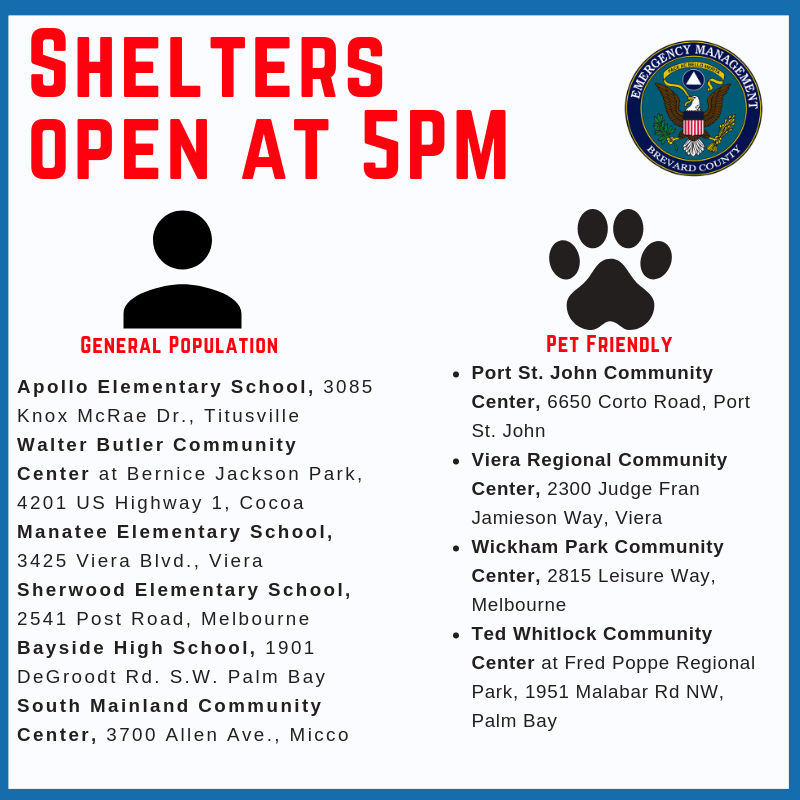 9/1/19 | 1PM: Brevard County Opens Shelters for Hurricane #Dorian at 5PM today. DO NOT SHOW UP BEFORE 5PM!