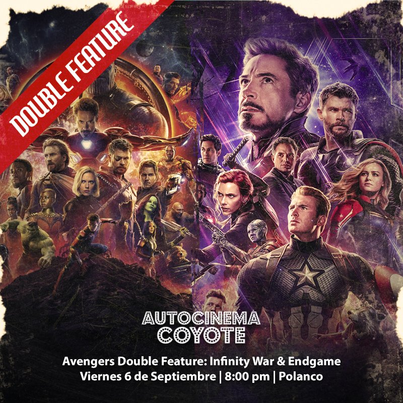 AutocinemaC's tweet photo. La batalla final está por comenzar ¡#AvengersAssemble! vengan a disfrutar el DOUBLE FEATURE #AvengersEndgame y #AvegersInfinityWar en Autocinema 😉
👉 BOLETOS: https://t.co/rsAPYU8f8s https://t.co/xEVLu1XRJN