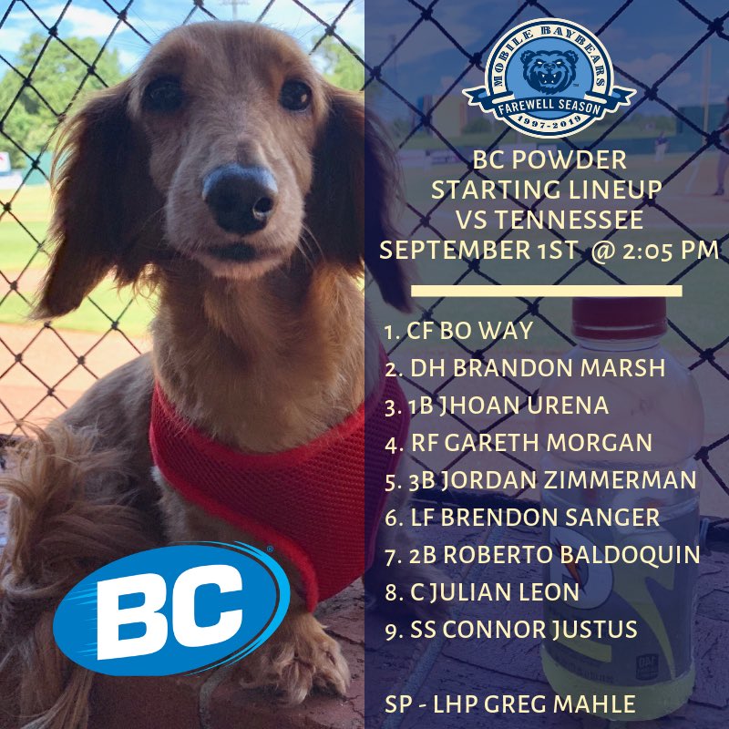 Here’s the BC Powder Starting Lineup for our last Sunday Funday! Come out and play catch on the field one last time! #FarewellSeason⚾️