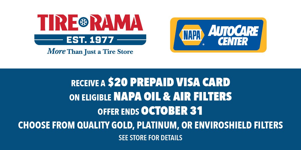 Right now receive a $20 prepaid Visa card when you purchase and install an eligible NAPA oil filter and air filter. Don't wait! The offer ends October 31. See store for details. #sale tirerama.com/Coupons