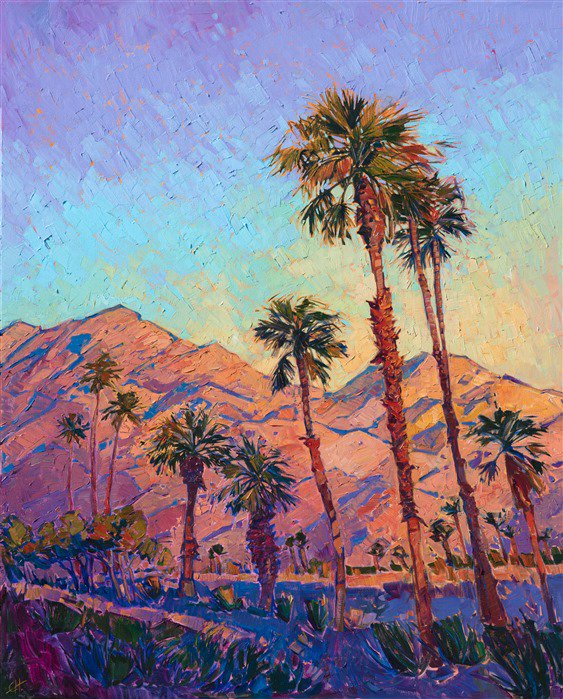 ErinHansonArt's tweet photo. Desert palm trees catch the late afternoon light, turning warm shades of cadmium and sherbet, while the sky above slowly turns to twilight purple. 

Palms at Dawn
2018
OIL ON CANVAS by Erin Hanson

https://t.co/lGj2X1neJl

#ErinHanson #ImpressionistArt #ModernArt https://t.co/NhcY9vtJZF
