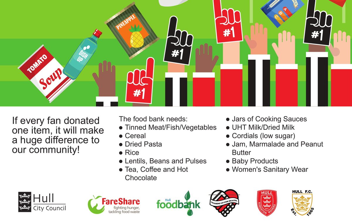 After the fantastic collection at @hullfcofficial, #TeamingUpForFamilies will be holding another @HullFoodbank collection at @hullkrofficial vs @LondonBroncosRL on Friday 6 September. Can the #HullKR fans beat the 40 trays of donations collected at the KCOM Stadium?!!