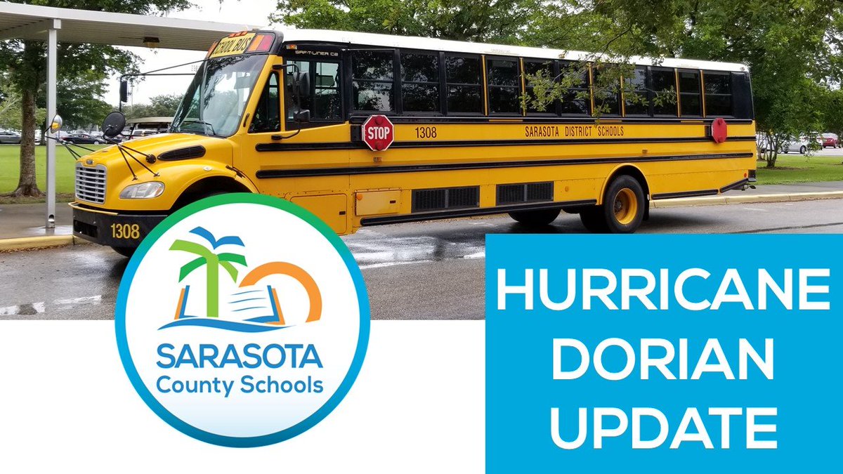 sarasotaschools's tweet photo. It is too early to determine the impact hurricane #Dorian will have on our community on Tuesday. SCS will notify parents, students and staff around noon tomorrow (9/2) via ConnectEd and social media about school operations for Tuesday.
#SCSNews #SCSUpdate https://t.co/Djd4UI8Jt2