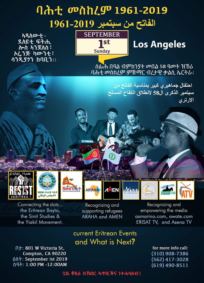 Saveritrea's tweet photo. Eritreans in LA and around the area this is where you need to be TODAY! Don’t miss out! Celebrate the 58th anniversary of Eritrean armed struggle and Join the movement #Yiakl!!!! #Eritrea
#ThankYouAwate https://t.co/xPtZG3DVUL