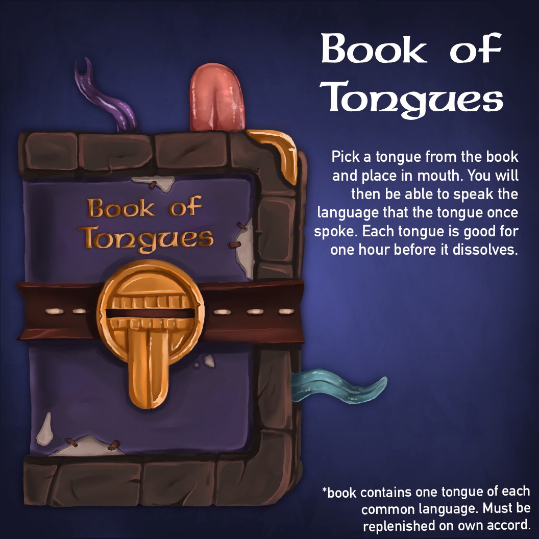 miz0mei's tweet photo. The book of tongues! Wish I could say they were gummy tongues...but why lie?

#itemsofmisuse #dnd5e #dnditem #itemconcept https://t.co/kWlYq0VIDO