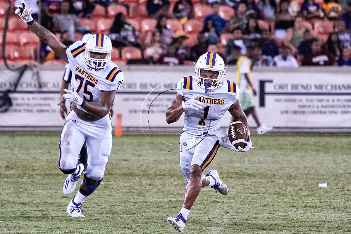 Dawonya Tucker #1 of Prairie View @PVAMUFootball cruises to his 3rd TD of the day vs Texas Southern @TSUFootball during the second half of the 2019 Labor Day Classic at BBVA Compass Stadium Houston, Texas. | August 31, 2019 #NCAAFootball