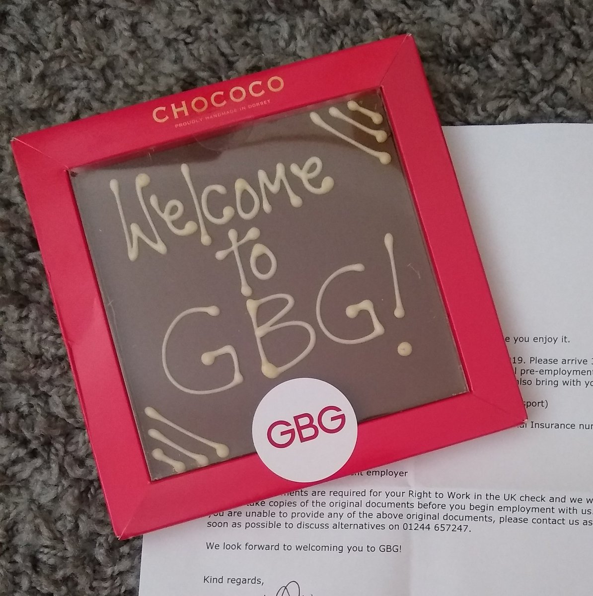 After a well-timed 6 weeks off work over the school summer holidays, I'm thrilled to be joining <a href="/GBGplc/">GBG</a> in #Chester tomorrow.

How can you not be excited to join a company that sends you a slab of #chocolate to welcome you to the team?! 

They clearly know me too well already 😆